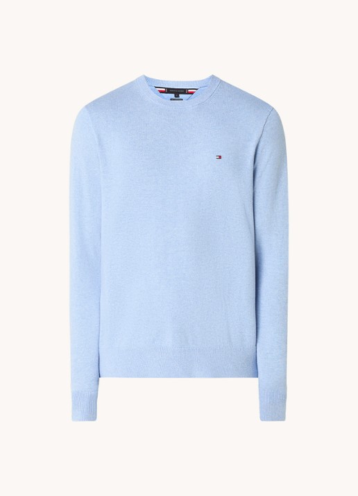 Tommy Hilfiger Fijngebreide pullover in kasjmierblend met logoborduring - voorkant lichtblauw