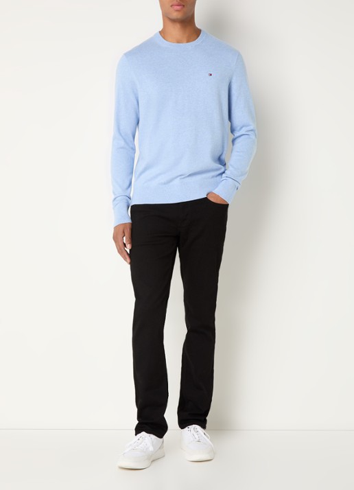 Tommy Hilfiger Fijngebreide pullover in kasjmierblend met logoborduring - voorkant 2 lichtblauw