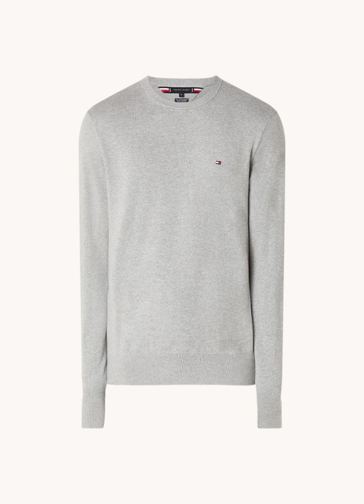 Tommy Hilfiger Fijngebreide pullover in kasjmierblend met logoborduring - voorkant lichtgrijs