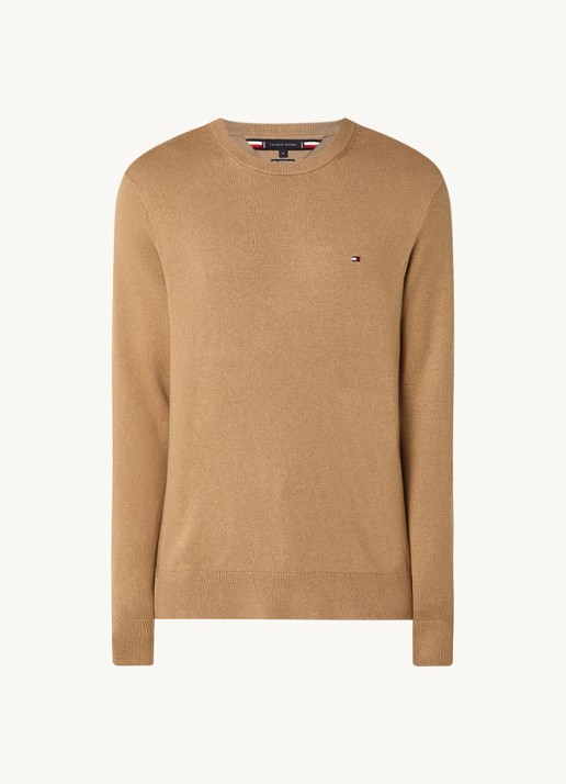 Tommy Hilfiger Fijngebreide pullover in kasjmierblend met logoborduring - voorkant lichtbruin