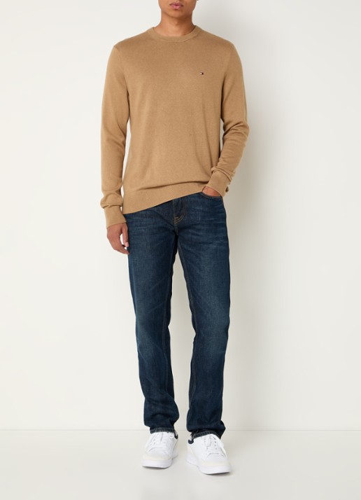 Tommy Hilfiger Fijngebreide pullover in kasjmierblend met logoborduring - voorkant 2 lichtbruin
