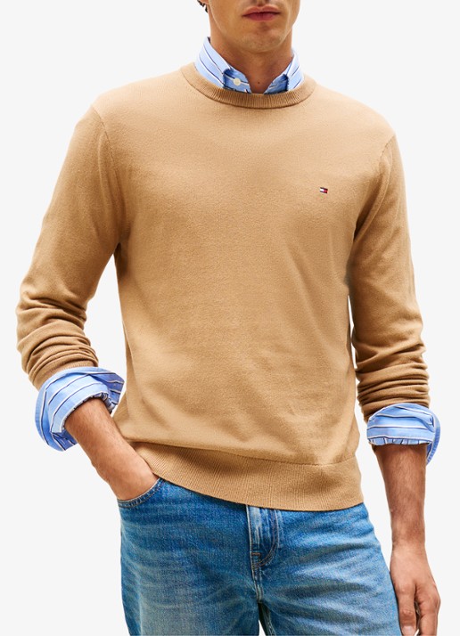 Tommy Hilfiger Fijngebreide pullover in kasjmierblend met logoborduring - detail camel