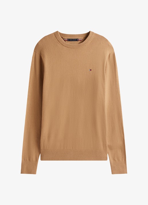 Tommy Hilfiger Fijngebreide pullover in kasjmierblend met logoborduring - voorkant 4 camel