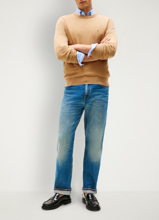 Tommy Hilfiger Fijngebreide pullover in kasjmierblend met logoborduring - voorkant 5 camel
