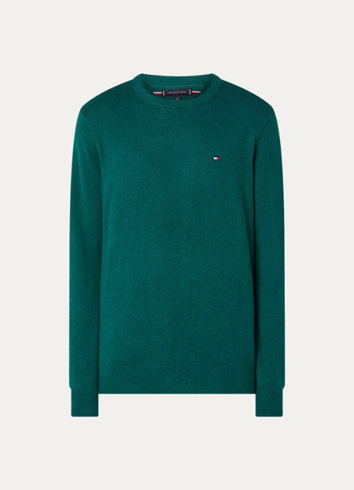 Tommy Hilfiger Fijngebreide pullover in kasjmierblend met logoborduring - voorkant 2 zeegroen