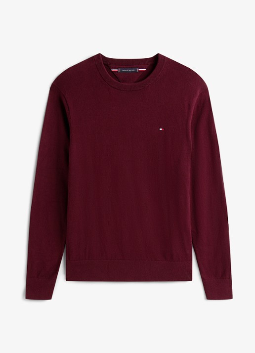 Tommy Hilfiger Fijngebreide pullover in kasjmierblend met logoborduring - voorkant bordeauxrood