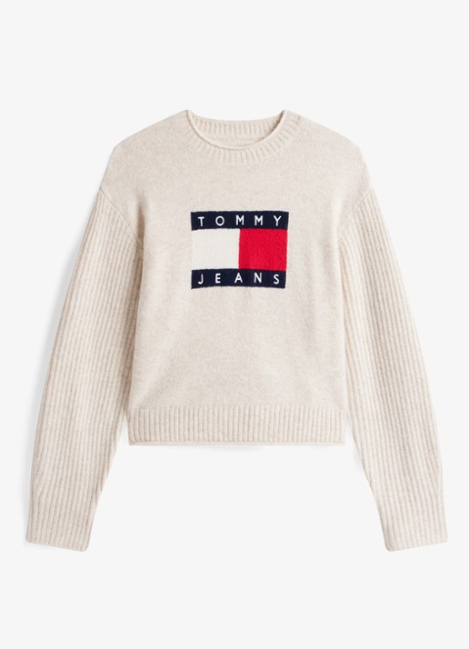 Tommy Hilfiger Fijngebreide pullover met ingebreid patroon - voorkant 2 gebroken wit