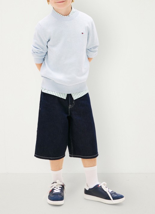 Tommy Hilfiger Fijngebreide pullover met logo - voorkant 3 lichtblauw