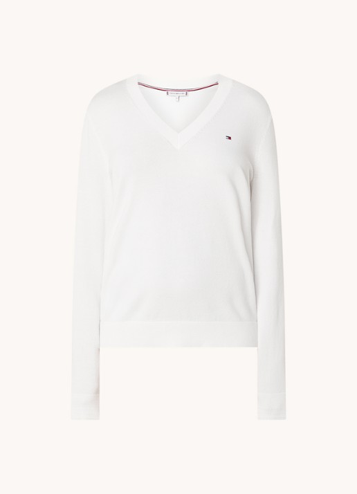 Tommy Hilfiger Fijngebreide pullover met logoborduring  - voorkant 2 gebroken wit