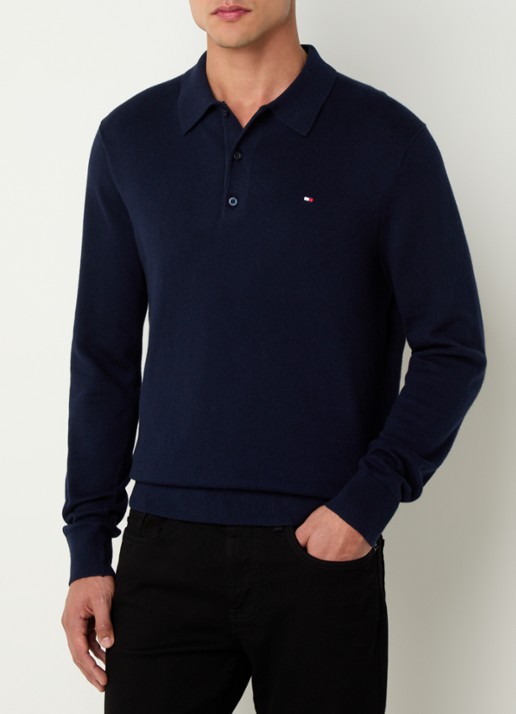 Tommy Hilfiger Fijngebreide regular fit polo in kasjmierblend met logo - detail 2 donkerblauw