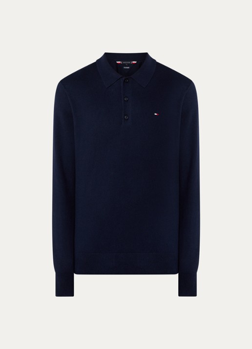 Tommy Hilfiger Fijngebreide regular fit polo in kasjmierblend met logo - voorkant 3 donkerblauw