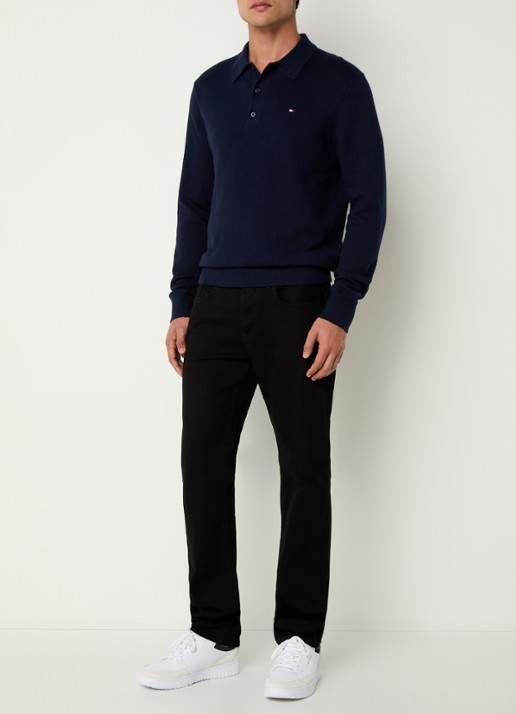 Tommy Hilfiger Fijngebreide regular fit polo in kasjmierblend met logo - voorkant 4 donkerblauw
