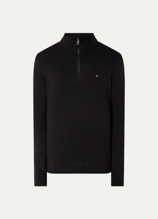 Tommy Hilfiger Fijngebreide trui in kasjmierblend met logoborduring - voorkant zwart