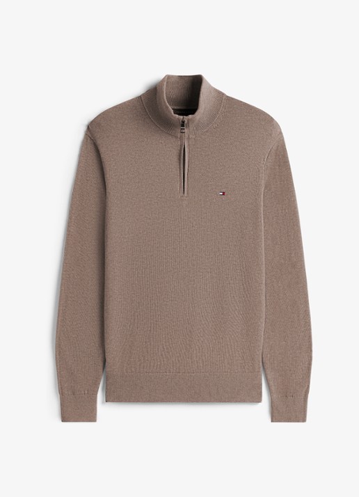 Tommy Hilfiger Fijngebreide trui in kasjmierblend met logoborduring - voorkant beige