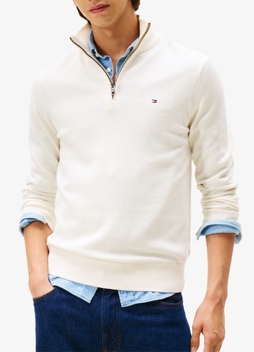 Tommy Hilfiger Fijngebreide trui in kasjmierblend met logoborduring - detail creme