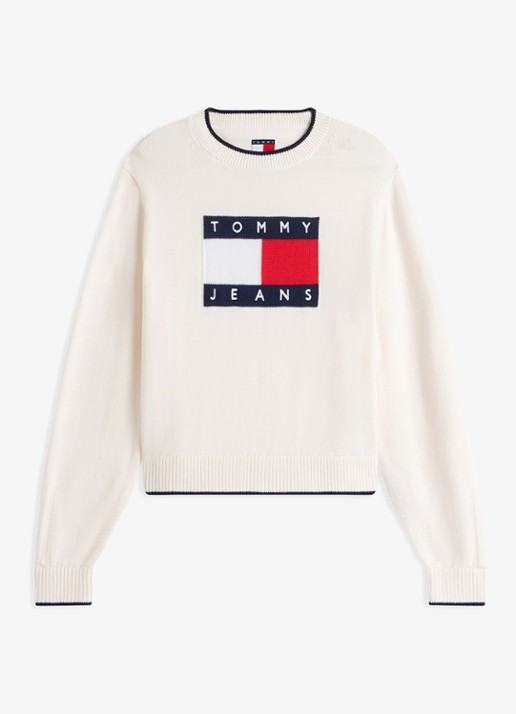 Tommy Hilfiger Fijngebreide trui met ingebreid logo - voorkant wit