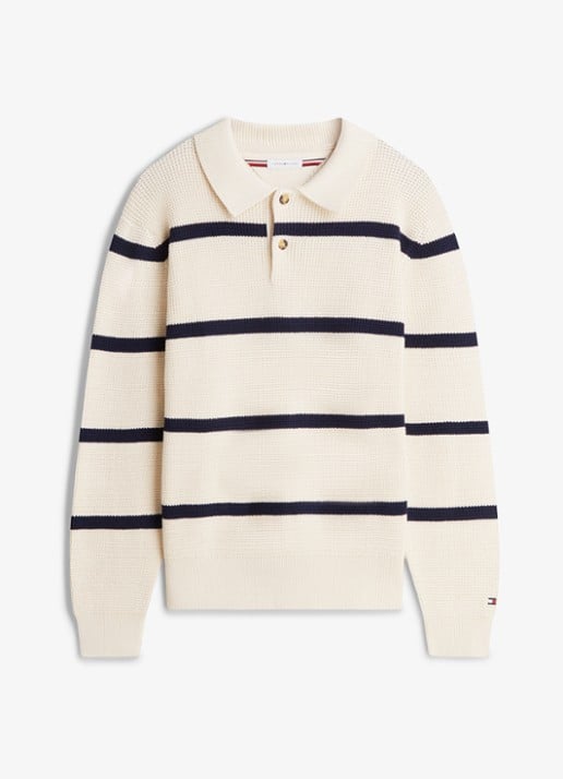 Tommy Hilfiger Fijngebreide trui met streepprint - voorkant donkerblauw
