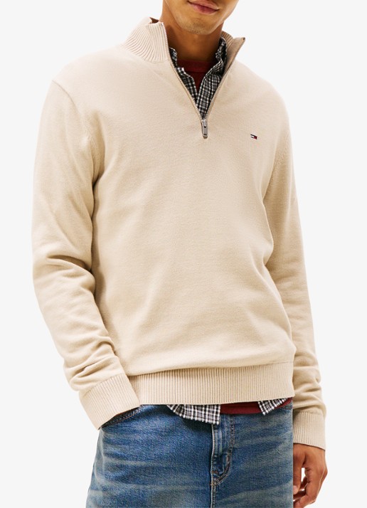 Tommy Hilfiger Fijngebreide trui van katoen met halve rits - detail 3 beige