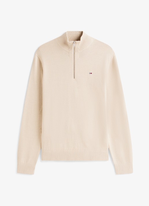 Tommy Hilfiger Fijngebreide trui van katoen met halve rits - voorkant beige