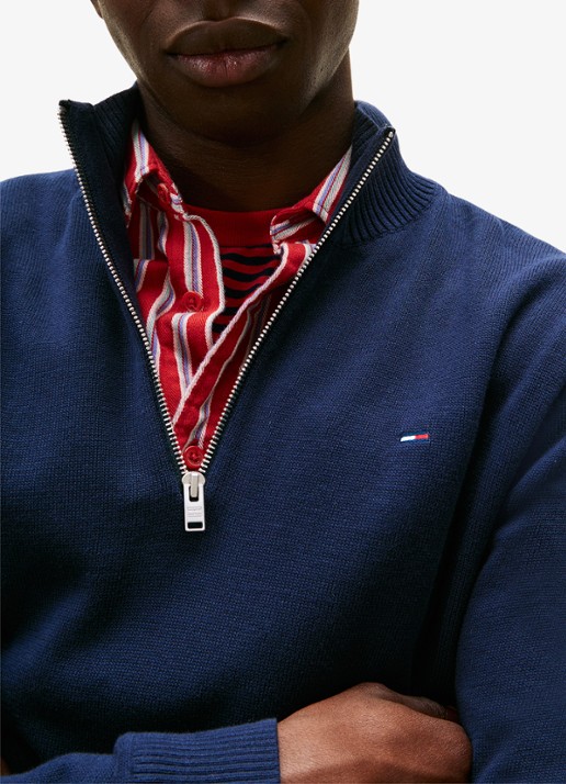 Tommy Hilfiger Fijngebreide trui van katoen met halve rits - detail 2 donkerblauw