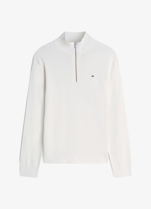 Tommy Hilfiger Fijngebreide trui van katoen met halve rits - voorkant gebroken wit