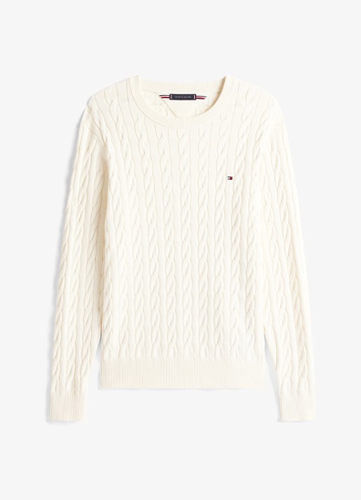 Tommy Hilfiger Flag Embroidery Cable Knit Jumper - voorkant ivoor