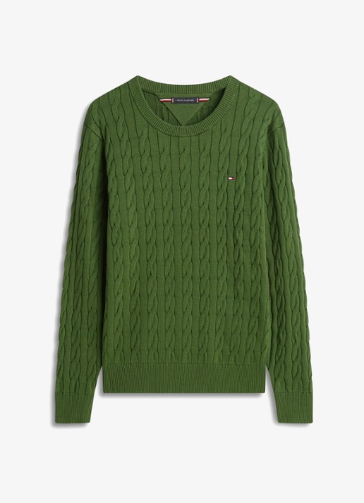 Tommy Hilfiger Flag Embroidery Cable Knit Jumper - voorkant 2 mountain pine-l01 / groen