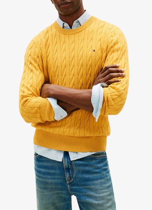 Tommy Hilfiger Flag Embroidery Cable Knit Jumper - detail morning side yellow heather-z05 / geel