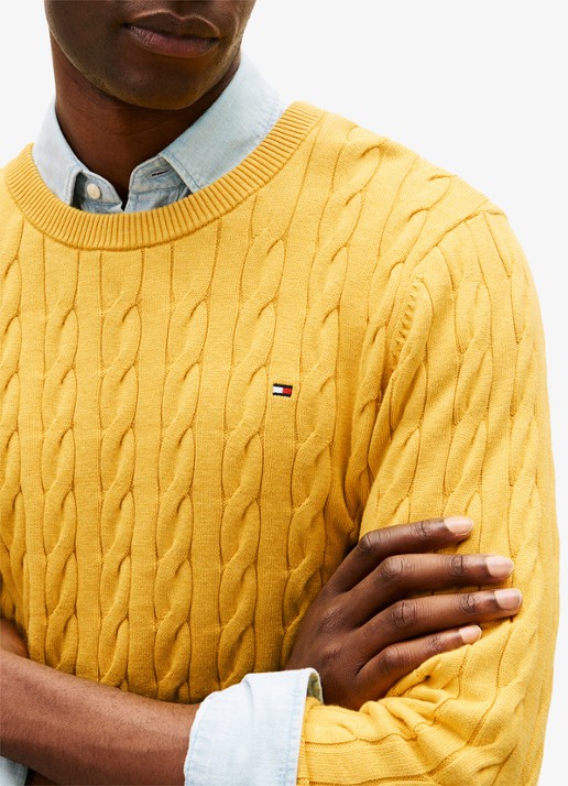 Tommy Hilfiger Flag Embroidery Cable Knit Jumper - detail 2 morning side yellow heather-z05 / geel
