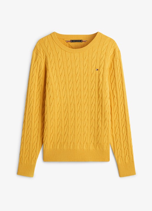 Tommy Hilfiger Flag Embroidery Cable Knit Jumper - voorkant 3 morning side yellow heather-z05 / geel
