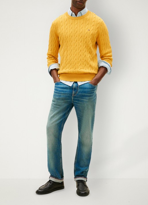 Tommy Hilfiger Flag Embroidery Cable Knit Jumper - voorkant 4 morning side yellow heather-z05 / geel