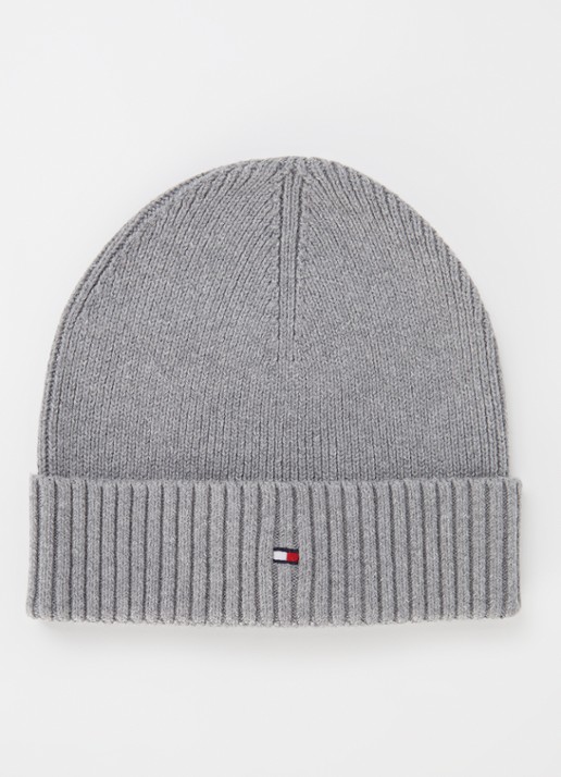 Tommy Hilfiger Flag Pima grofgebreide muts met logo - voorkant grijsmele
