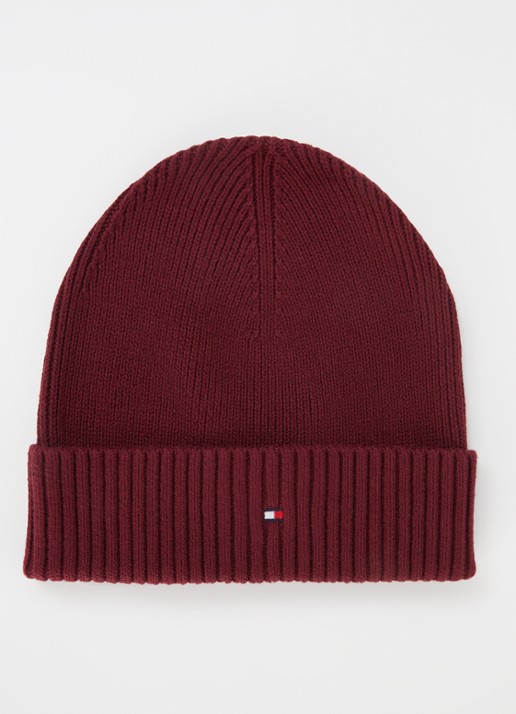 Tommy Hilfiger Flag Pima grofgebreide muts met logo - voorkant bordeauxrood