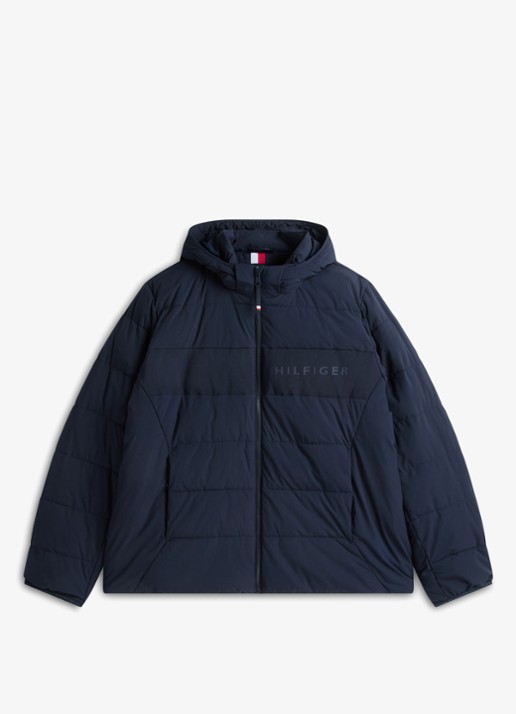 Tommy Hilfiger Gewatteerde puffer jas met capuchon en logo  - voorkant 5 donkerblauw