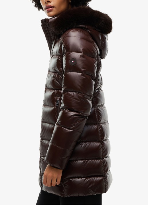 Tommy Hilfiger Gewatteerde puffer jas met imitatiebont  - detail 4 donkerbruin