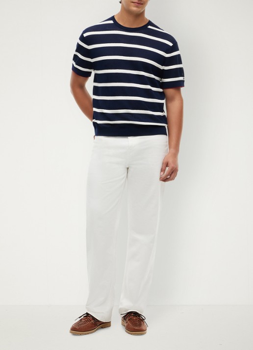 Tommy Hilfiger Grofgebreid t-shirt met streepprint - voorkant 3 donkerblauw