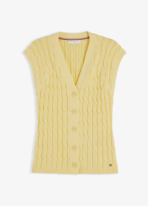 Tommy Hilfiger Grofgebreid vest met logoborduring - voorkant 3 lichtgeel