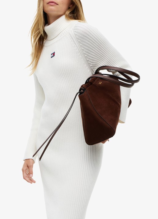 Tommy Hilfiger Grofgebreide midi jurk met logo en col  - detail gebroken wit