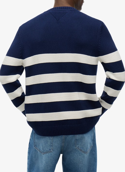 Tommy Hilfiger Grofgebreide trui met streepprint - achterkant 8 donkerblauw