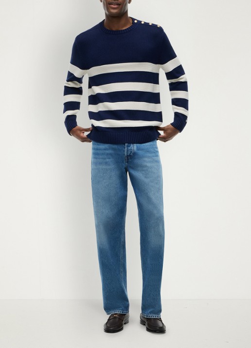 Tommy Hilfiger Grofgebreide trui met streepprint - detail 5 donkerblauw