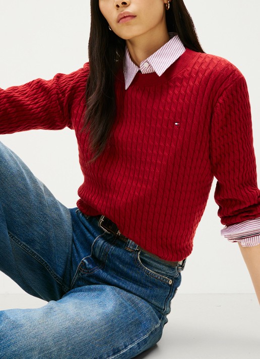 Tommy Hilfiger Grofgebreide trui met structuur - detail 5 cranberryrood