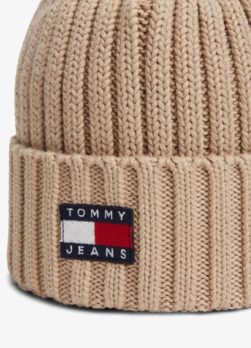 Tommy Hilfiger Heritage ribgebreide muts met logo  - detail creme