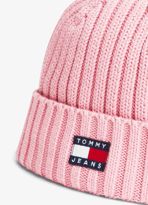 Tommy Hilfiger Heritage ribgebreide muts met logo  - detail roze