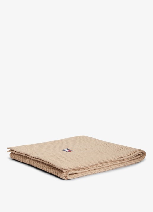Tommy Hilfiger Heritage ribgebreide sjaal met logo  - detail 3 zand