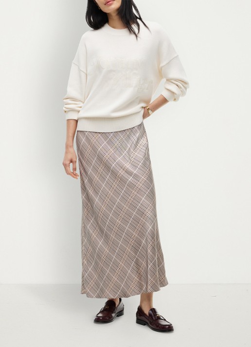 Tommy Hilfiger High waist midi rok met ruitdessin  - voorkant 5 beige