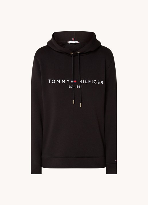 Tommy Hilfiger Hoodie van fleece met logoborduring - voorkant 4 zwart