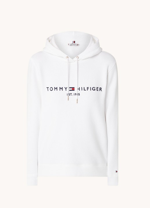 Tommy Hilfiger Hoodie van fleece met logoborduring - voorkant wit