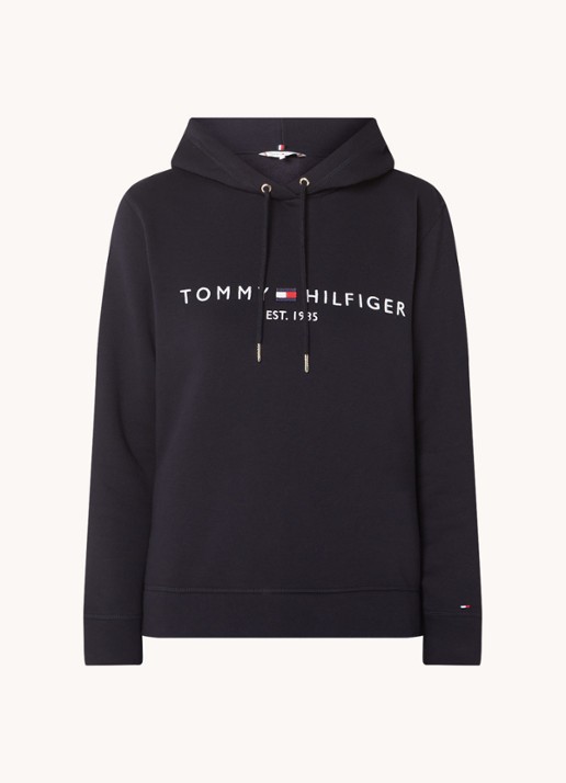 Tommy Hilfiger Hoodie van fleece met logoborduring - voorkant donkerblauw