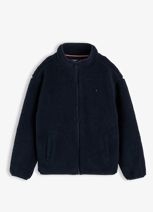 Tommy Hilfiger Jack van fleece met logo - voorkant donkerblauw