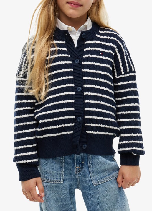 Tommy Hilfiger Kabelgebreid vest met streepprint - detail donkerblauw
